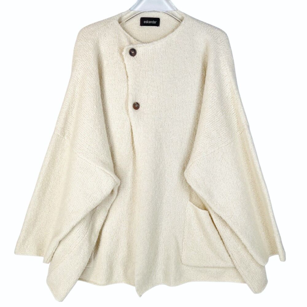Eskandar O/S Ivory Plush Boucle AMAZING Merino Wool & Cashmere Sweater 34" Long